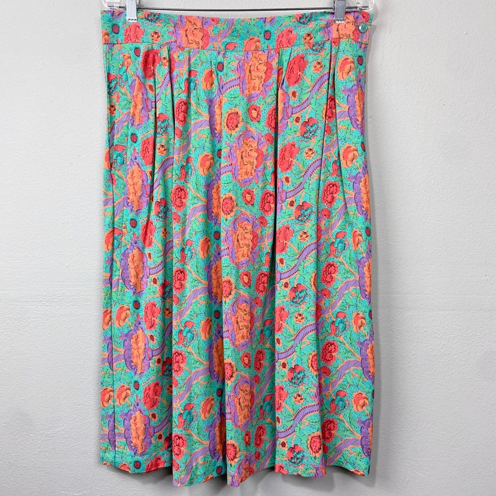 Vintage Walnut Square Skirt Sz 18 Floral High Waist Pleated Midi Boho Bright 90s